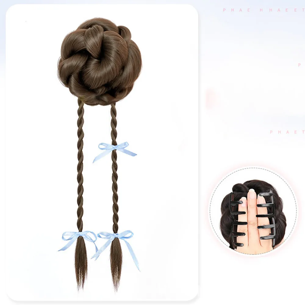 45 cm Nastro Bowknot sintetico Testa di polpette Parrucca Barba di drago Clip Ragazza Dolce Bocciolo di fiore Doppia trecce intrecciate Estensione dei capelli