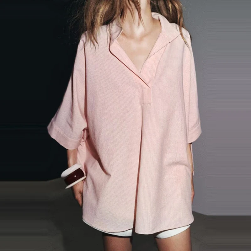 

Z Women's Faion Striped Loose Coat Sle irt Commute Sle Polyester Fiber ort Sve Regular Length Pure Color