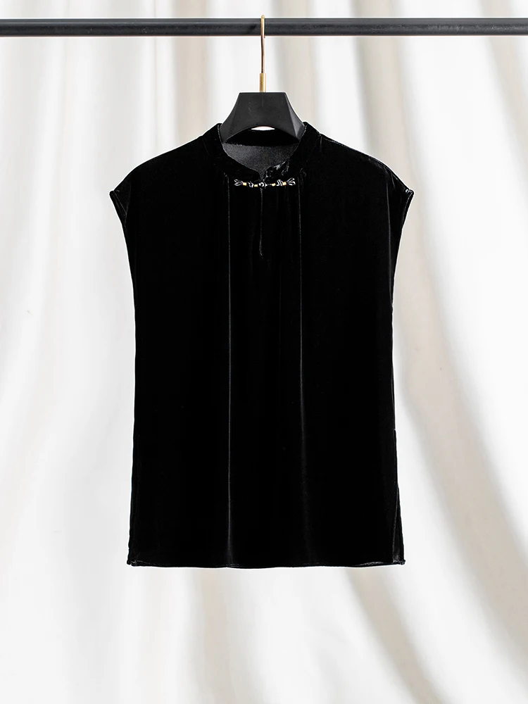 

Ele Silk Velvet Top Button up Loose Women's irt Thin Breathable Silken Mom irt New Chinese Sle Stand Collar Svel