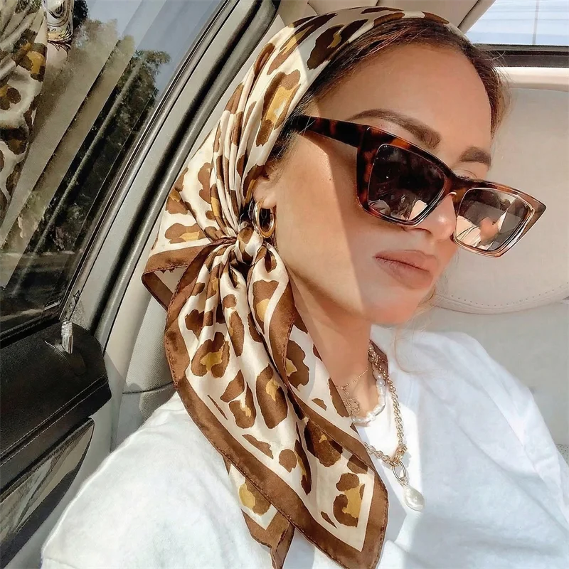 

90*90cm Square Silk Scarf Women Luxury Brand Satin Print Hijab Scarves Muslim Pareo Bandana Female Shawl Wrap Headband Foulard