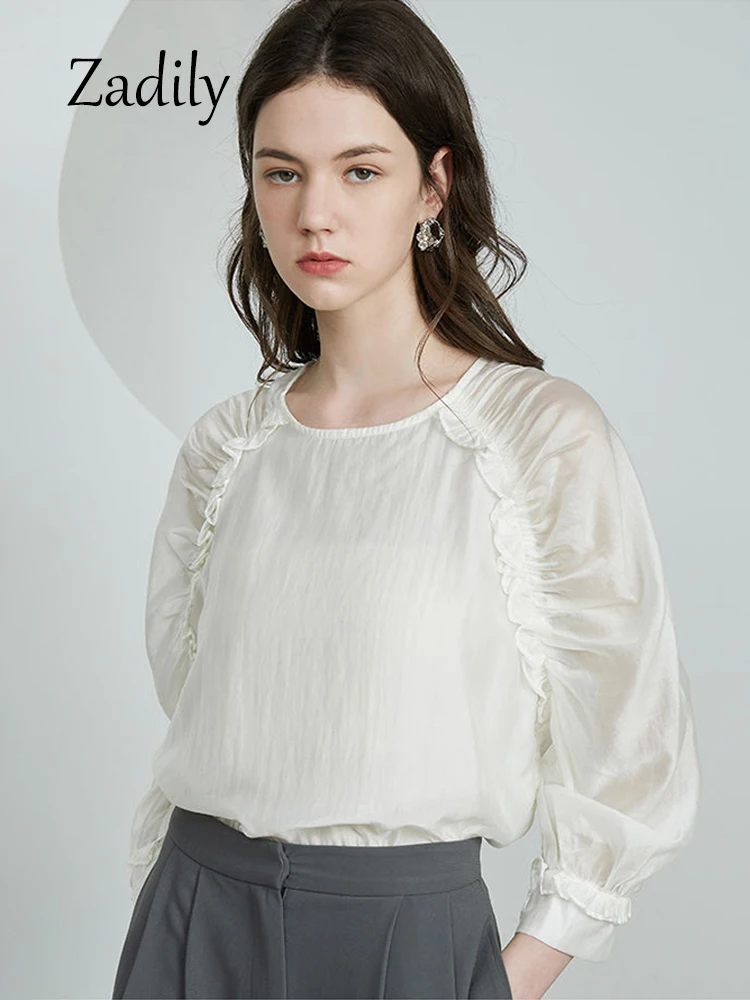 Zadily 2024 Summer New Puff Sleeve Women Chiffon Shirt Blouse Casual Sunscreen O Neck Pullovers Ruffles Female Clothing Tops