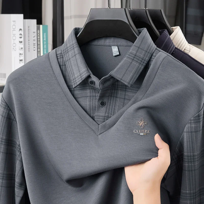 TFETTERS Long Sleeve Polo Shirt Men 2026  Autumn New Business Slim Fake Two Shirt Man Casual Loose Plaid Graphic Shirt for Men