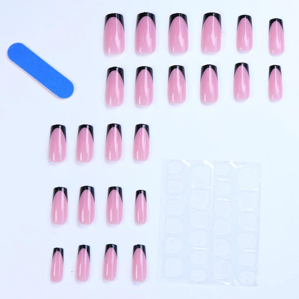 48 piezas uñas postizas para pies francesas con borde negro, brillantes, nude, para mujer 2
