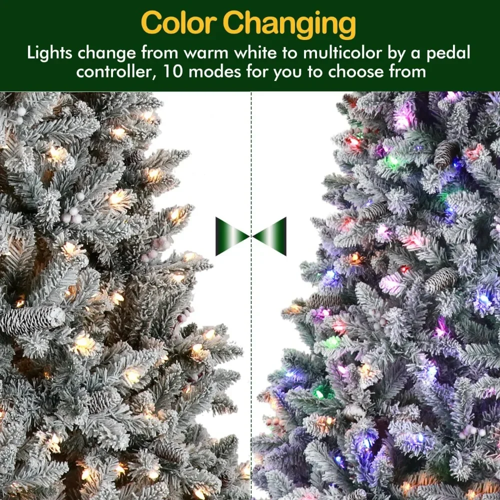 6.5 ft Prelit Snow Flocked Christmas Tree, Artificial Christmas Pine Tree with 250 Multicolor LED Lights, 1032 Tips, 10 Colors