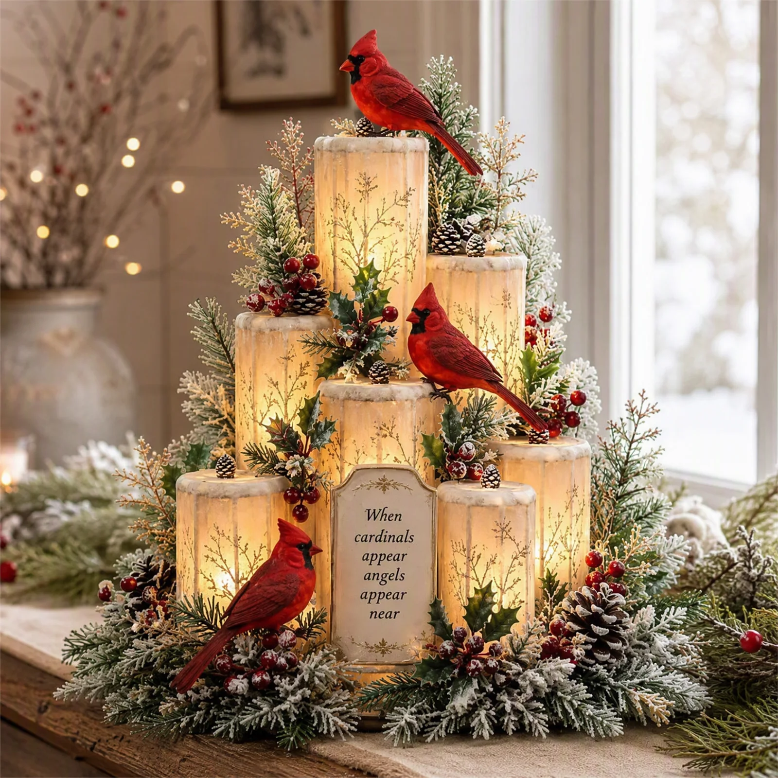 Lighted Christmas Centerpiece Flameless Candle Decor Cardinals Holly Berries Pine Cones Warm Glow Table Decoration PVC