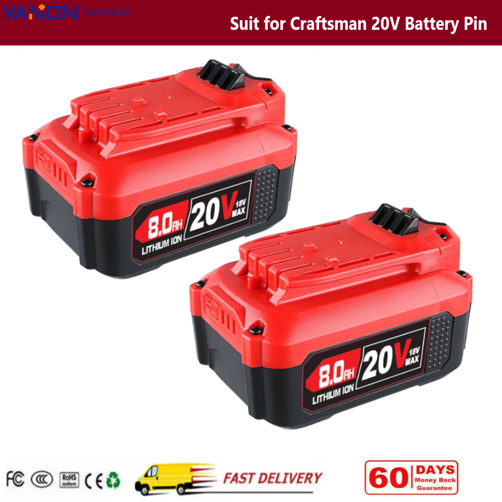 VANON 2 uds 8.0Ah V20 reemplazar para Craftsman 20V batería CMCB204 CMCB205 CMCB202 herramientas de controlador de impacto inalámbrico Pin de batería