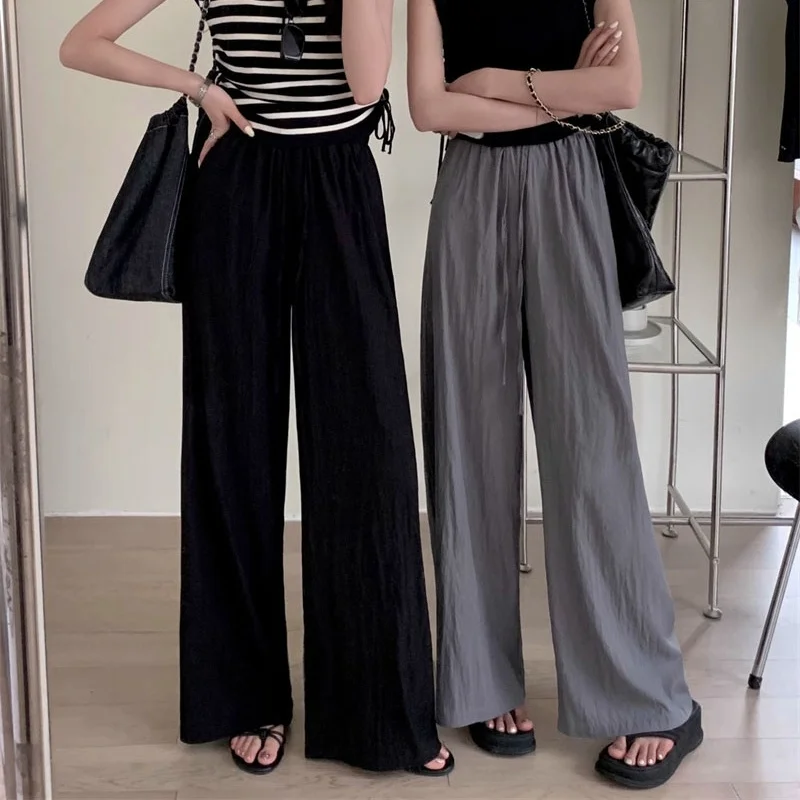 Women Ice Silk Wide Leg Pants Summer Elastic High Waist Straight Pant Pleated Loose Casual Trousers Female Clothing y2k Pants