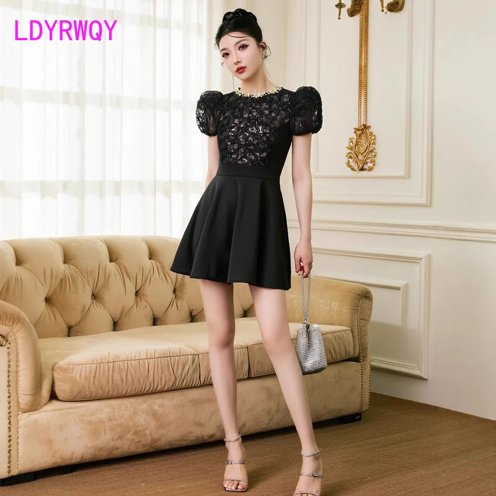 

2025 summer new French temperament small black dress bubble sleeve waist Hepburn style dress