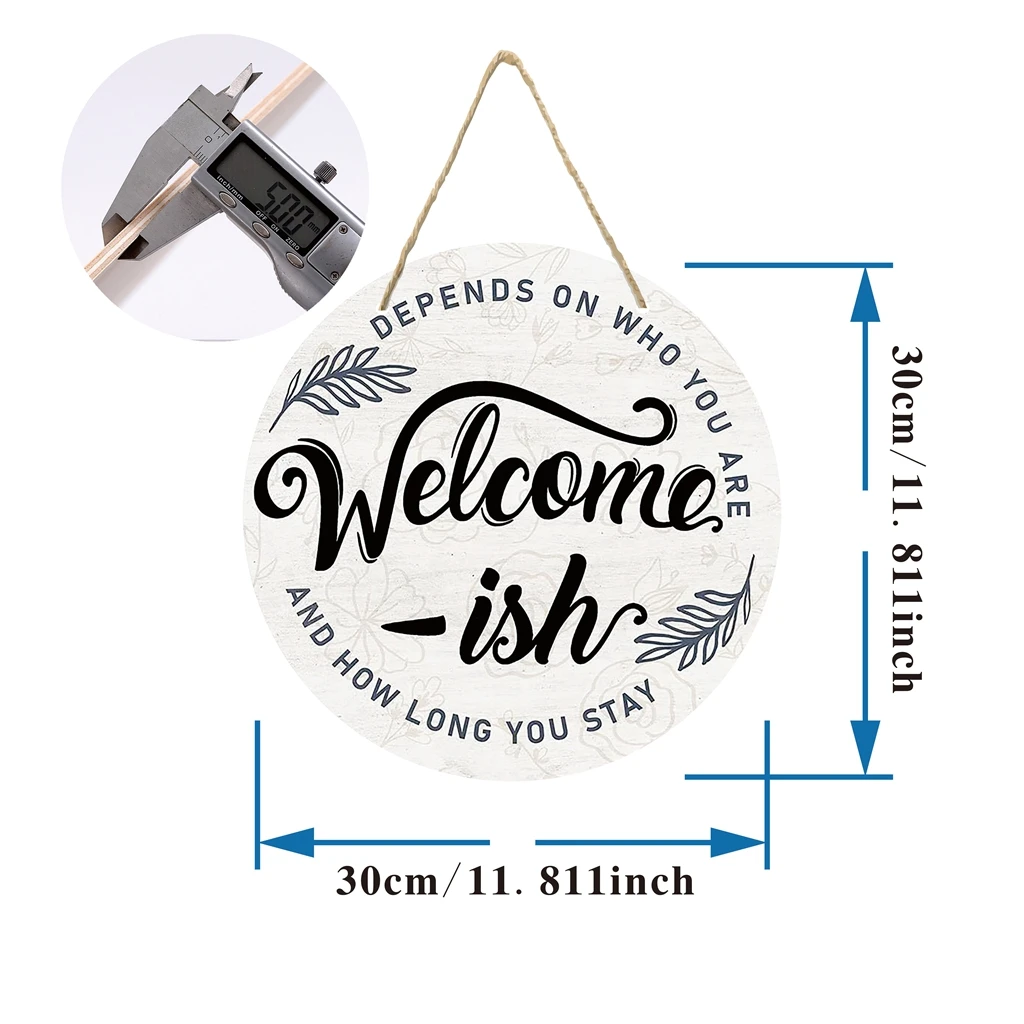 Welcome ish wooden hanging sign plaque, fun welcome quotes and minimalist leaf wooden front door hooks, rural outdoor 30x30cm