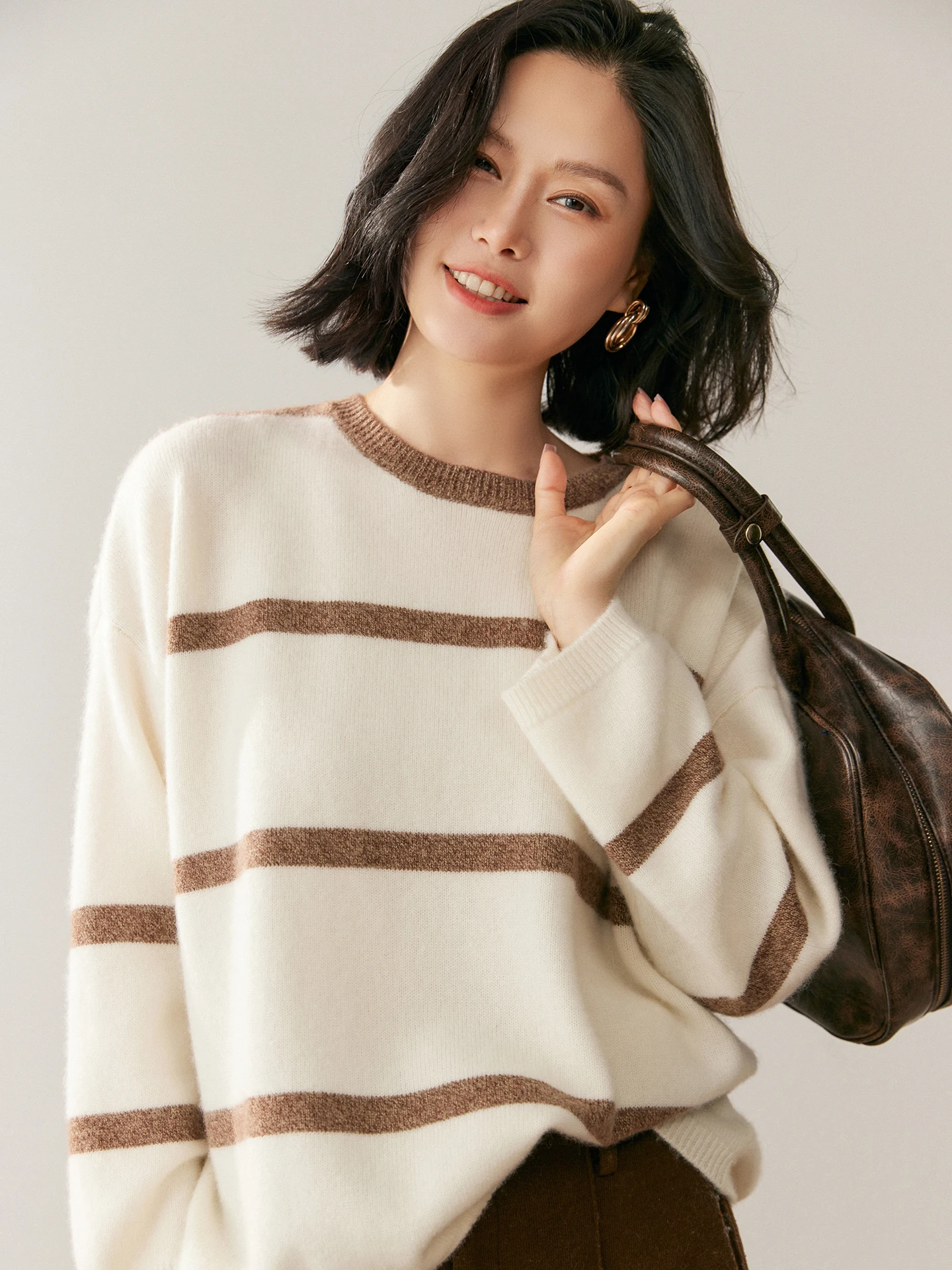 TLOML Women's O-neck Casual Loose Striped Pullover Sweater 100% Cashmere Knitwear Warm Lazy Comfy Design Autumn Winter Soft Tops