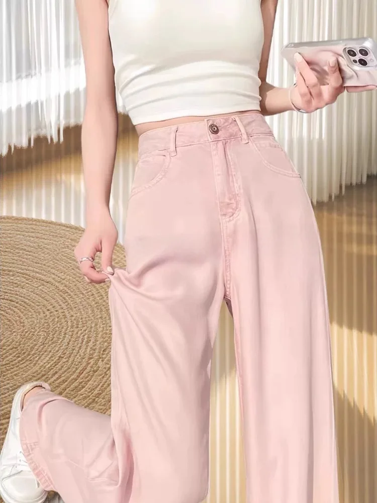 Jeans estivi sottili a gamba larga da donna vestibilità ampia in seta di ghiaccio a vita alta taglio dritto pantaloni lunghi fino al pavimento tessuto denim Dra