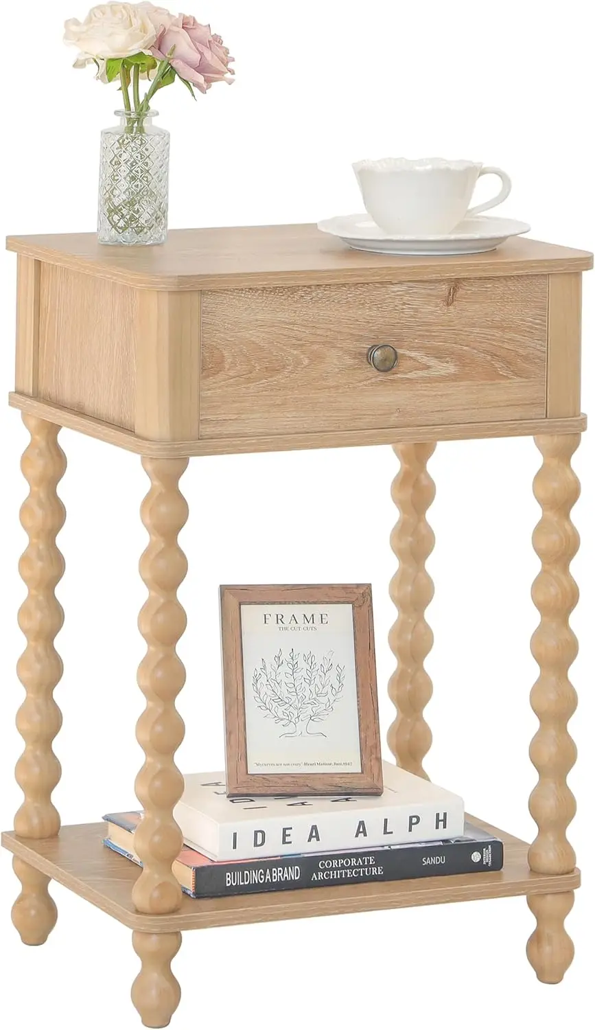 

Night Stand, Wood End Table with Drawer for Living Room, Small Bedside Side Table with Spindle Wood Legs for Bedroom, Office,
