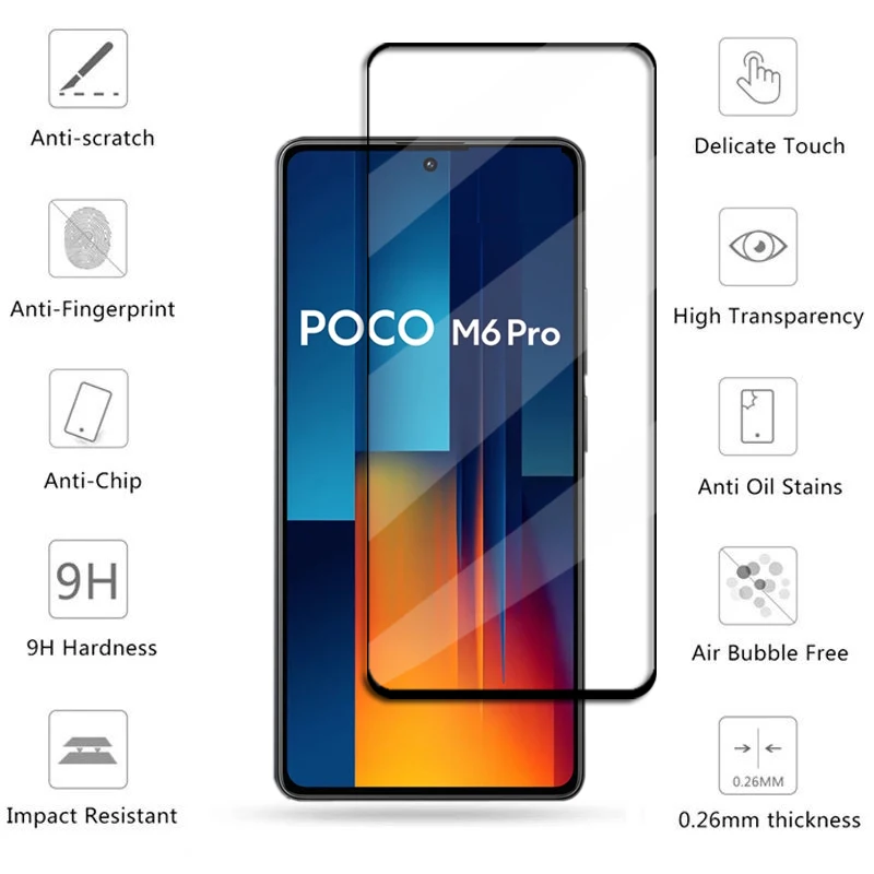 6in1 Glass For Poco M6 Pro Tempered Glass Poco M6 Pro Screen Protector HD Protective Full Cover Phone Lens Film Poco M6 Pro