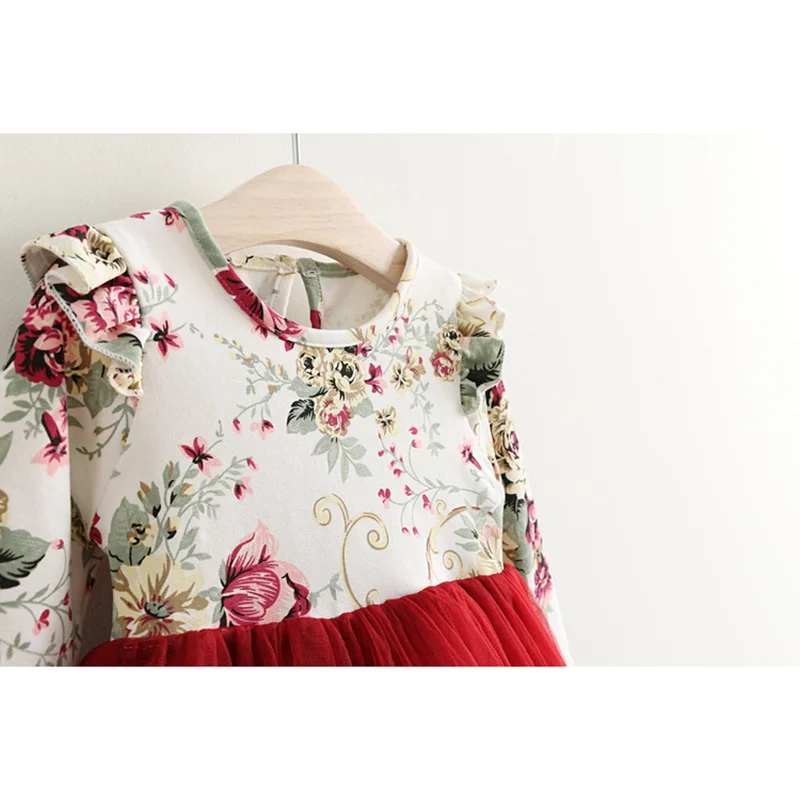 ชุดเด็กฤดูใบไม้ร่วงเด็กทารกดอกไม้พิมพ์ชุดเจ้าหญิงVestidosเด็กวัยหัดเดินเสื้อผ้าเด็กผู้หญิงสีแดงXmas Dresses