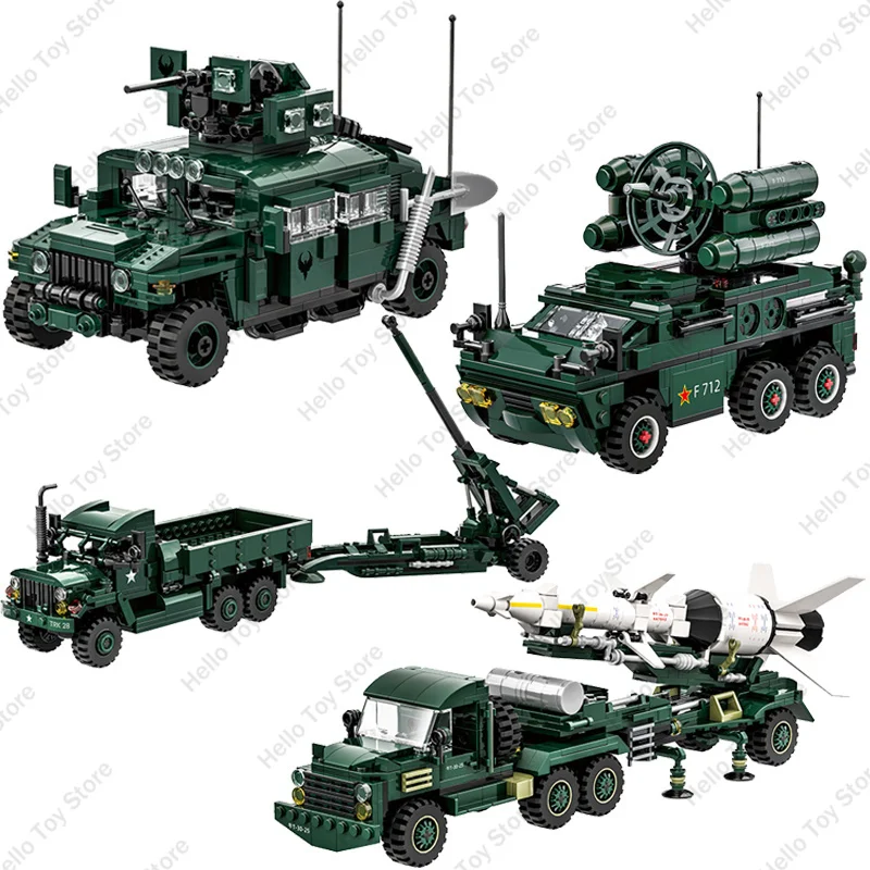 

2024 Military Howitzer Truck Building Blocks Classic WW2 Anti-Aircraft Missile Vehicle Model Military Hummer Bricks Boy Toy Gift