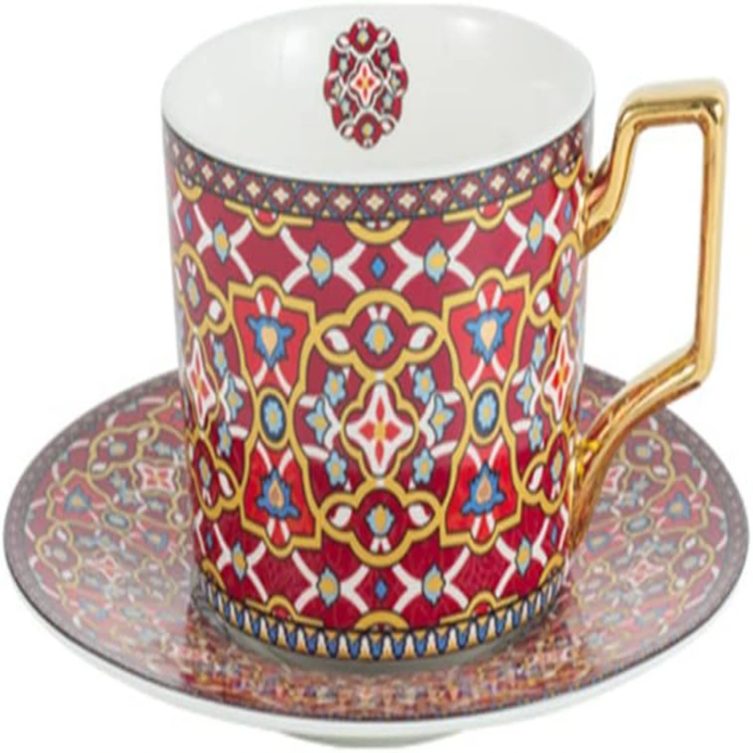 

Elegant Red Bone China Porcelain Tea Cup with Matching Saucers - Latte Mug Coffee Cups Set, 7.4oz Capacity, Perfect Birthday Gif