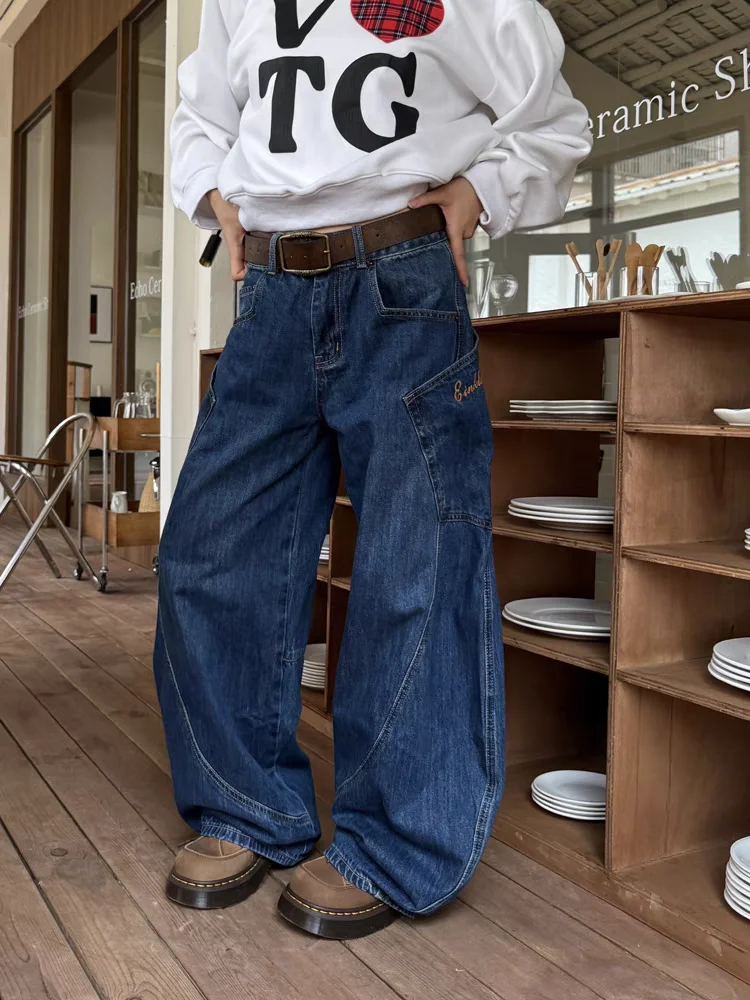 Women's Side Large Pocket Design Denim Jeans Y2K Unisex Trousers Girl Wide Leg Pants Female High Waisted Fashionable Sweatpants