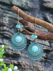 Vintage Round Turquoise Inlaid Ear Jewelry Female Ethnic Style Long Earrings