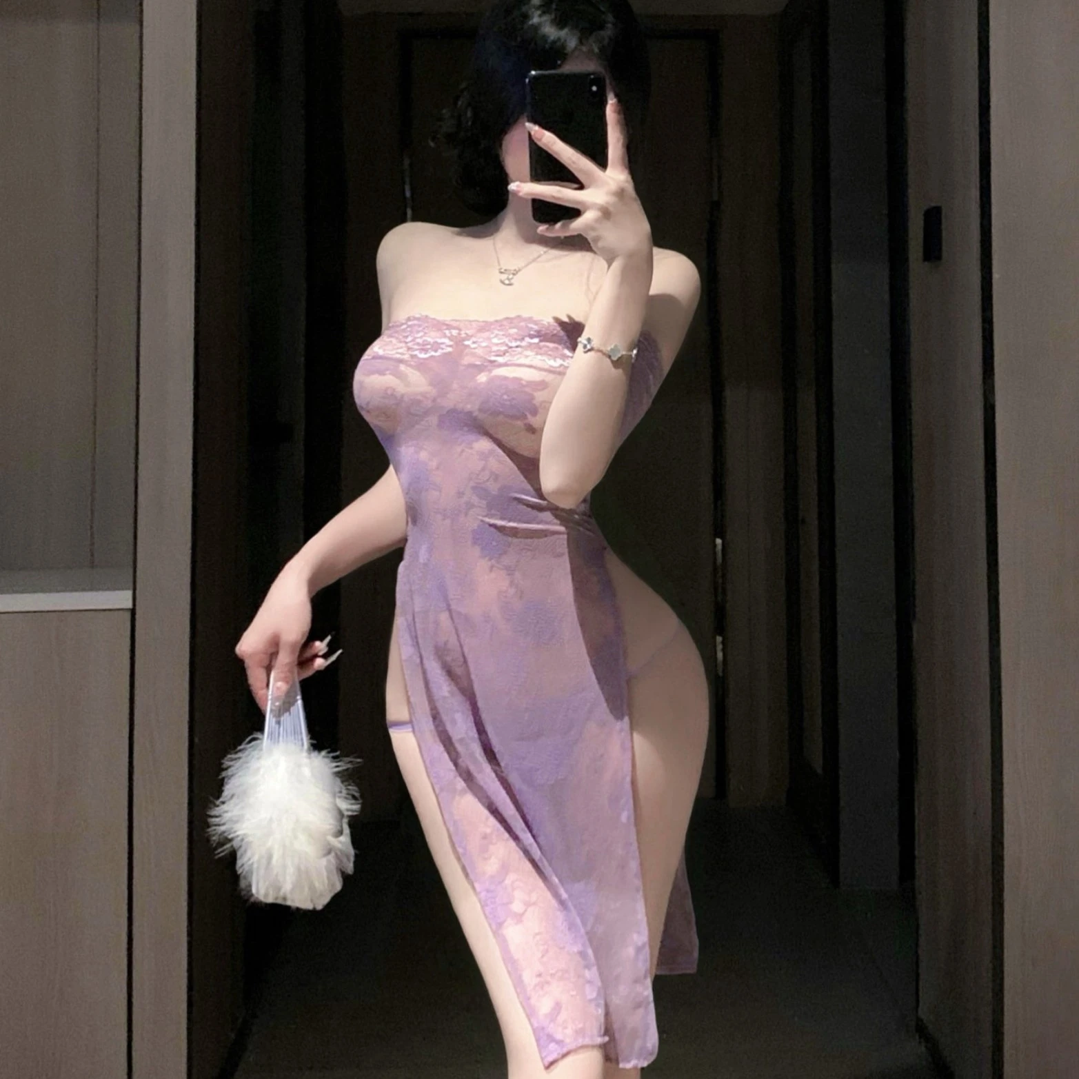 

Sexy lingerie purple dress pure erotic pajama set sexy low-cut no-detachment alluring lace uniform L709