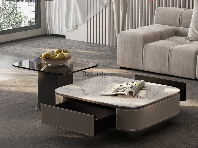 

Italian saddle leather coffee table solid wood rock slab square high and low minimalist tea table