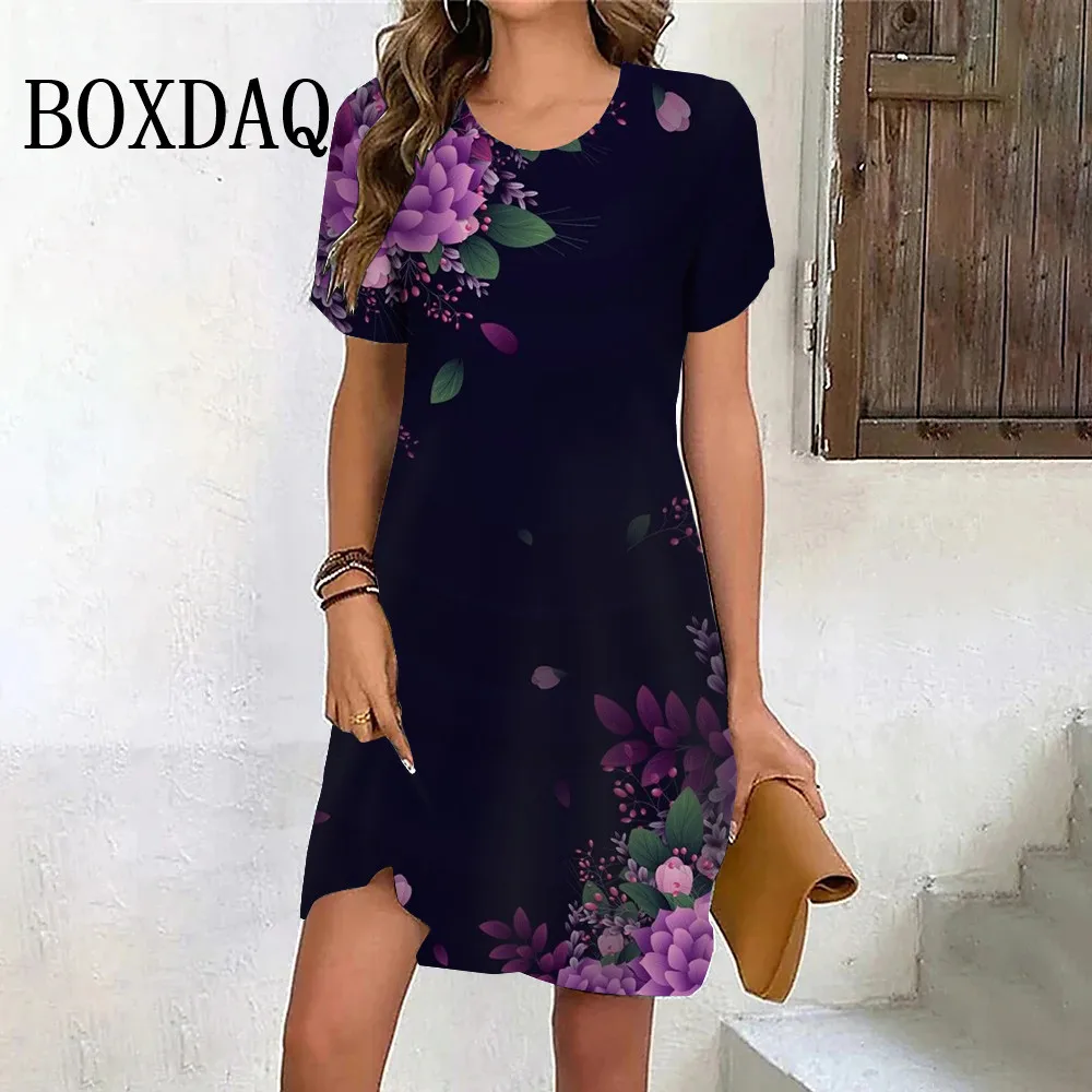 Purple Flowers Print Dresses For Women 2024 Summer Vintage Short Sleeve Mini Dress Casual Pullover O-Neck Plus Size Sundress 6XL