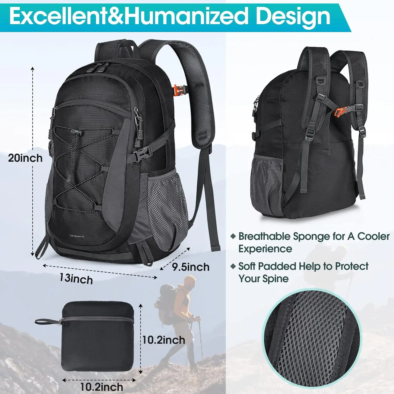 RAINSMORE Lightweight Hiking Backpack 40L Waterproof Camping Backpack Packable Backpack for Women Men Outdoor Travel Daypack