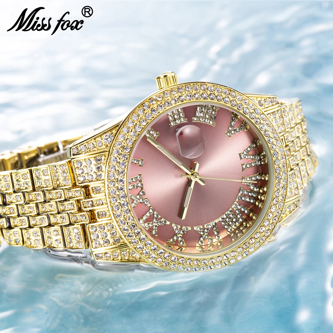 

MISSFOX Watch For Women Elegant Luxury Stainless Steel Iced Out Ladies Quartz Reloj Diamond Calendar Luminous Men Wrist Watches