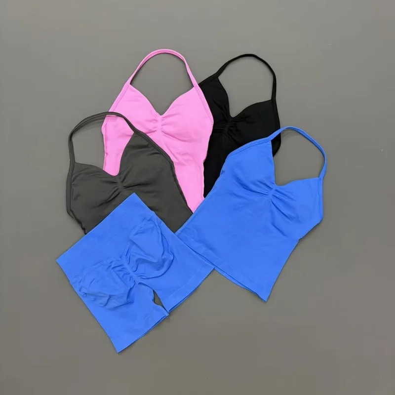 2 Piece Gym Set Women Seamless Longline Strappy Top Yoga Scrunch Shorts Workout Suit Quick Dry Breathable Running Sports Sets view 6