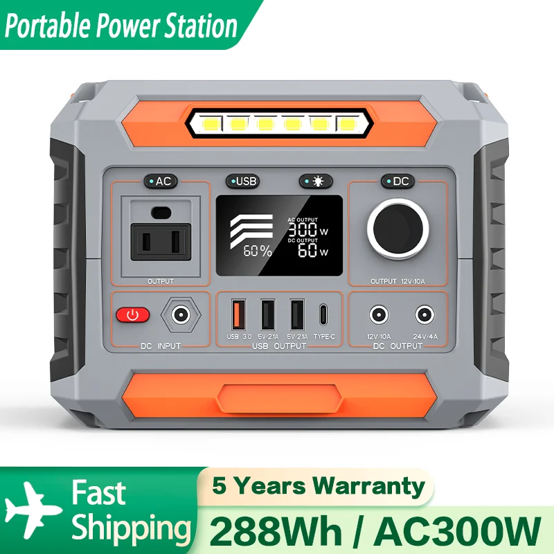 300W Portable Power Station Solar Generator 288WH AC Pure Sine Wave Power Bank Outdoor Emergency Battery Camping Multi-device