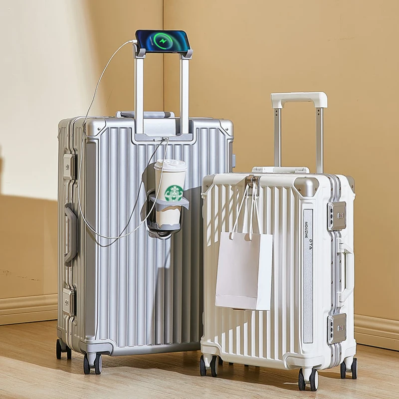 

High Quality Thickened Aluminum-framed Suitcase with Charging Port 20-inch Cabin Luggage Dual-row Spinner Wheels Travel Suitcase