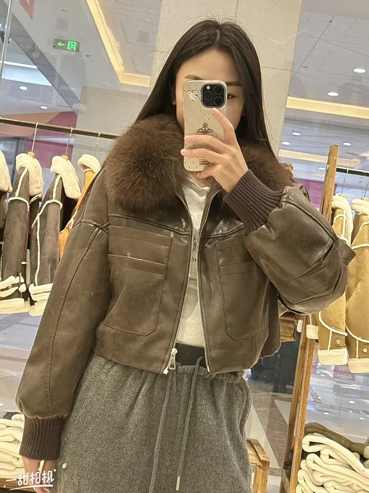 2025年冬 ナチュラルフォックスファー襟 ダックダウンコート レディース ルーズ ラグジュアリー 人工スエード パファージャケット 服