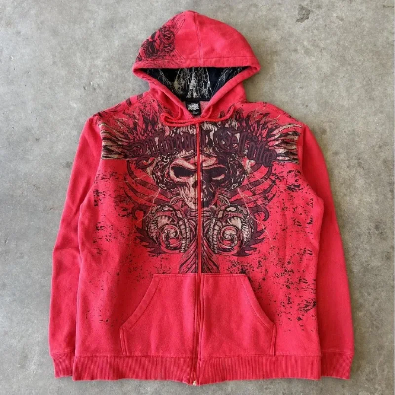 

American Retro MMA Elite Black And Red Skull Sweatshirt Men's Y2K Best Selling Harajuku Hip Hop Goth Casual Joker Couple Hoodie