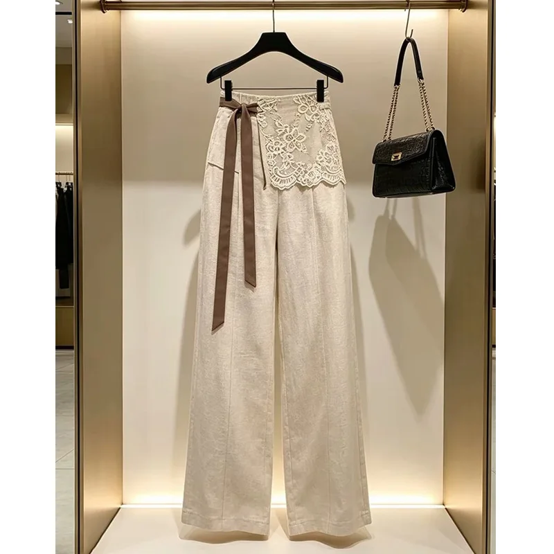 Pantalones de traje de lino marrón de alta gama, estilo italiano de lujo ligero, para mujer.