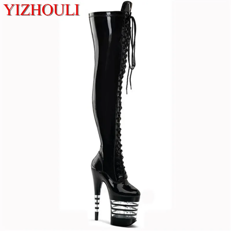 

20 cm high above the knee boots, fashion lace-up boots, thick soles striped spray paint soles, high heels dance shoes