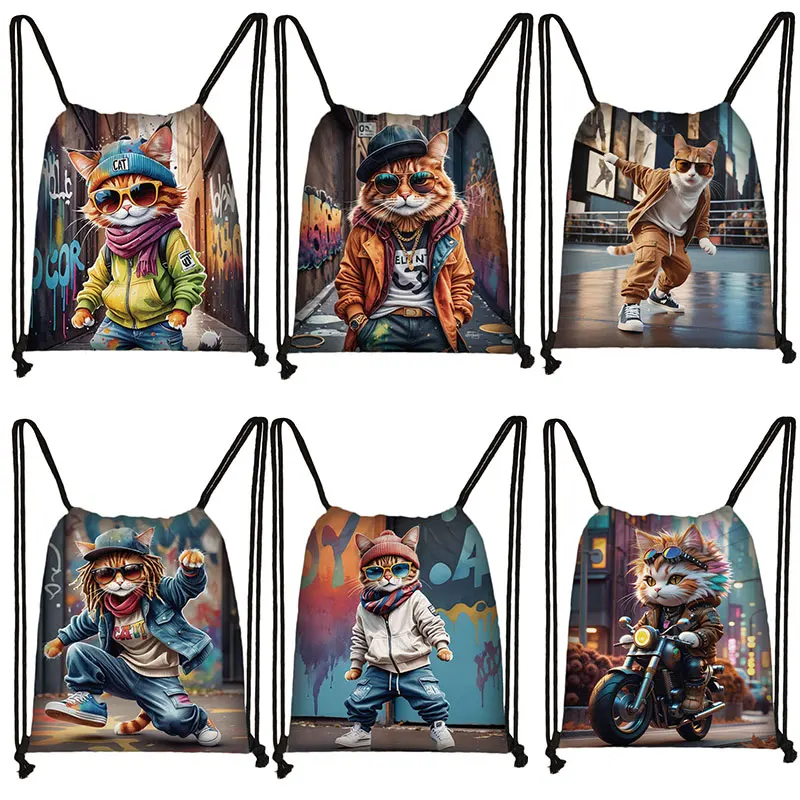 Hip Pop Cat Pattern Drawstring Bag Cartoon Cool Cat Riding A Motorcycle Sport Backpacks Teenager Book Bag Day Bag Shoes Holder