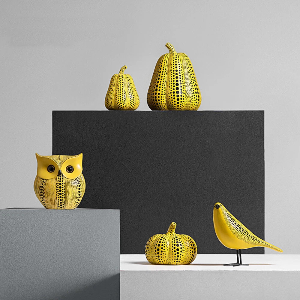 

Yellow Wave Point Arts Crafts Funny Animal Owl Pumpkin Bird Statues Ornament Home Room Sculpture Desktop Decoration Figurines