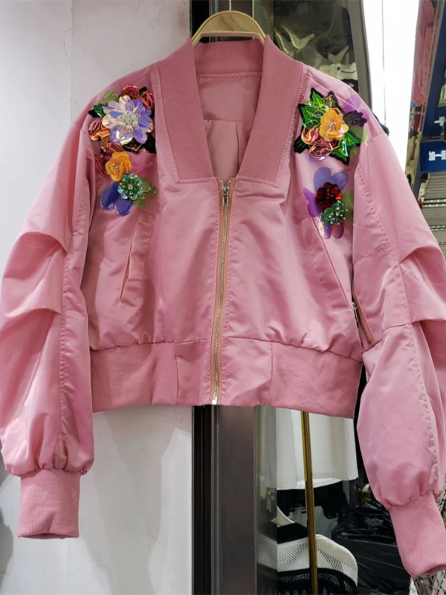 Sequins Diamond Embroidery Pleated Flowers Loose Baseball Uniform Coat Women Zipper Cardigan Jacket 2023 Fall Wniter New Clothes