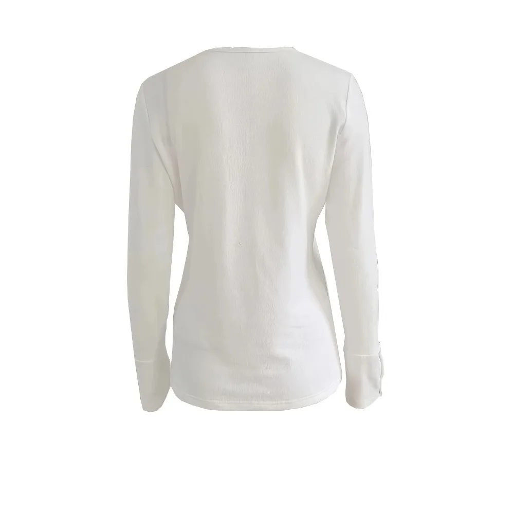 Camiseta informal de talla grande para mujer, cuello redondo, manga larga, decoración con botones, perfecta para todas las estaciones