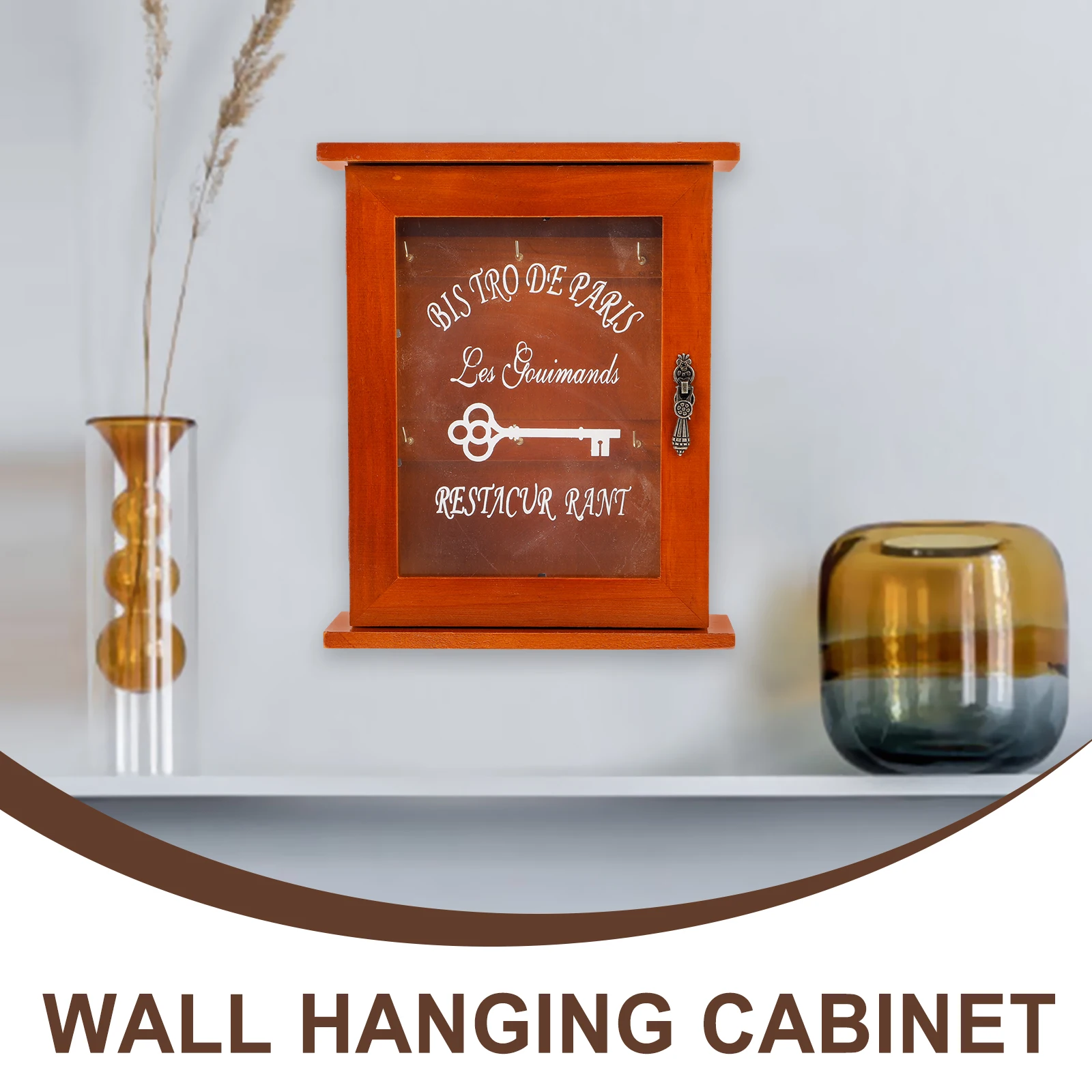 

Rustic Wood Holder Cabinet Wall Mounted 6 Hooks Key Storage Organizer Decorative Farmhouse StyleVintage Solid Wood Key Box