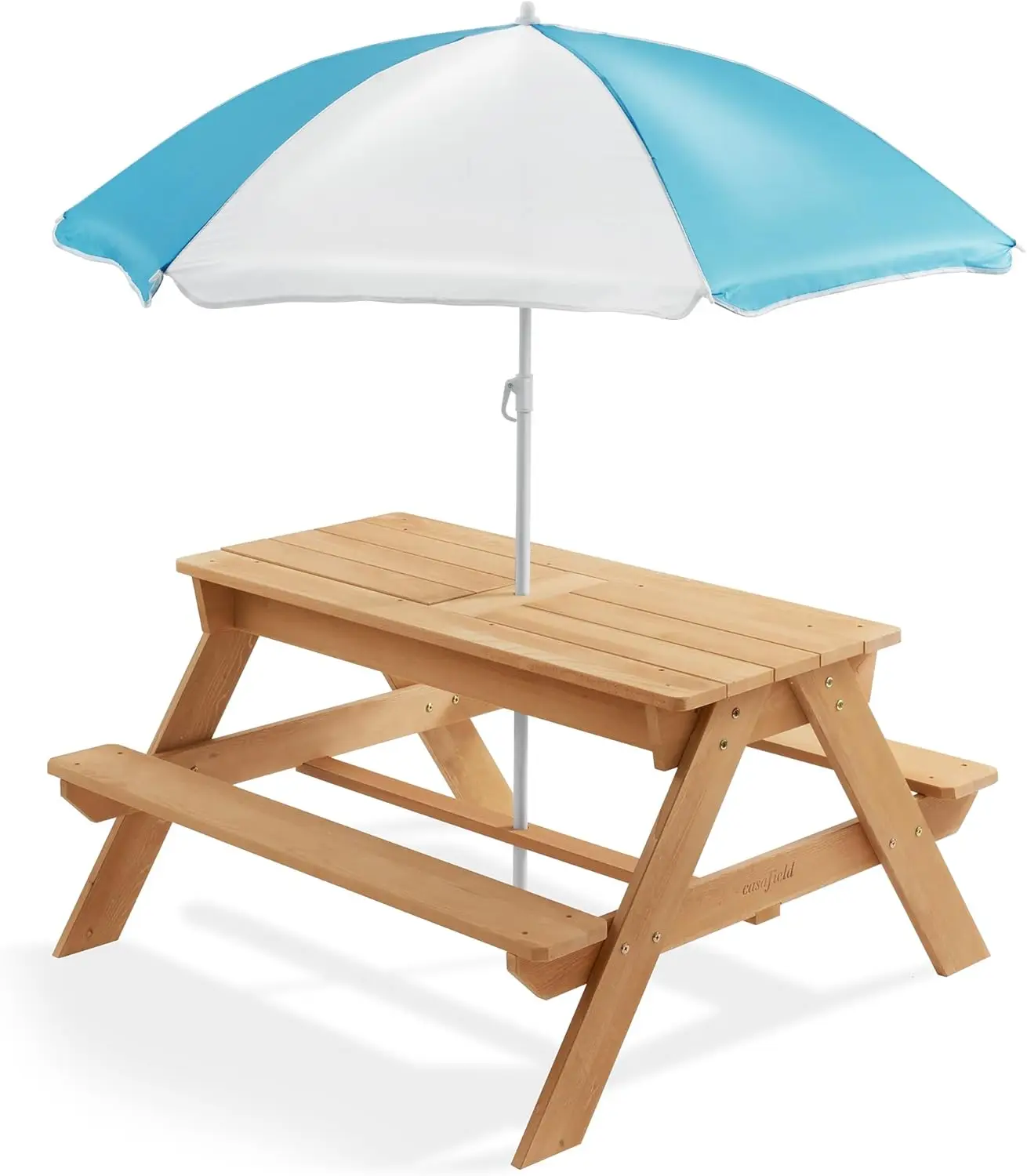 Tavolo da Picnic all'aperto in legno 3 in 1 per bambini con sabbia e acqua, 2 scatole da gioco e coperchio rimovibile, Natu