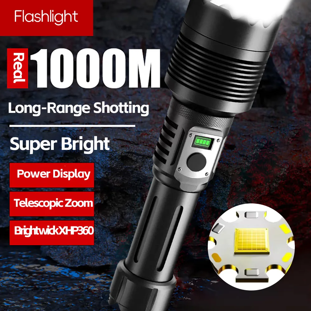 

High Power XHP360 LED Flashlights With Super Bright Zoom Outdoor Long Shot Tactical Flashlights Torch Emergency Power Bank