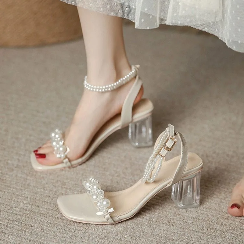 Beaded Women High Heels Sandals Shoes Summer Elegant PVC Dress Trend Chunky Slingback Party Zapatos Mujer Pumps Sandalias Pumps