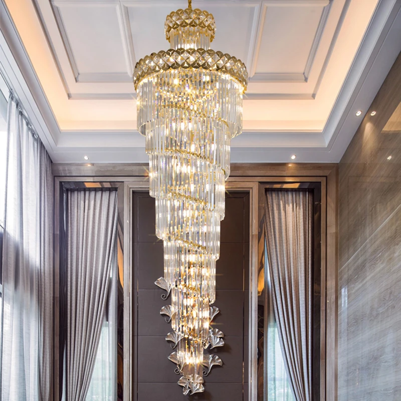 Modern Luxury Large Crystal Chandeliers Hanging Lamp For Villa Hotel Lobby Loft Living Room Decor Rotating Long Pendant Light