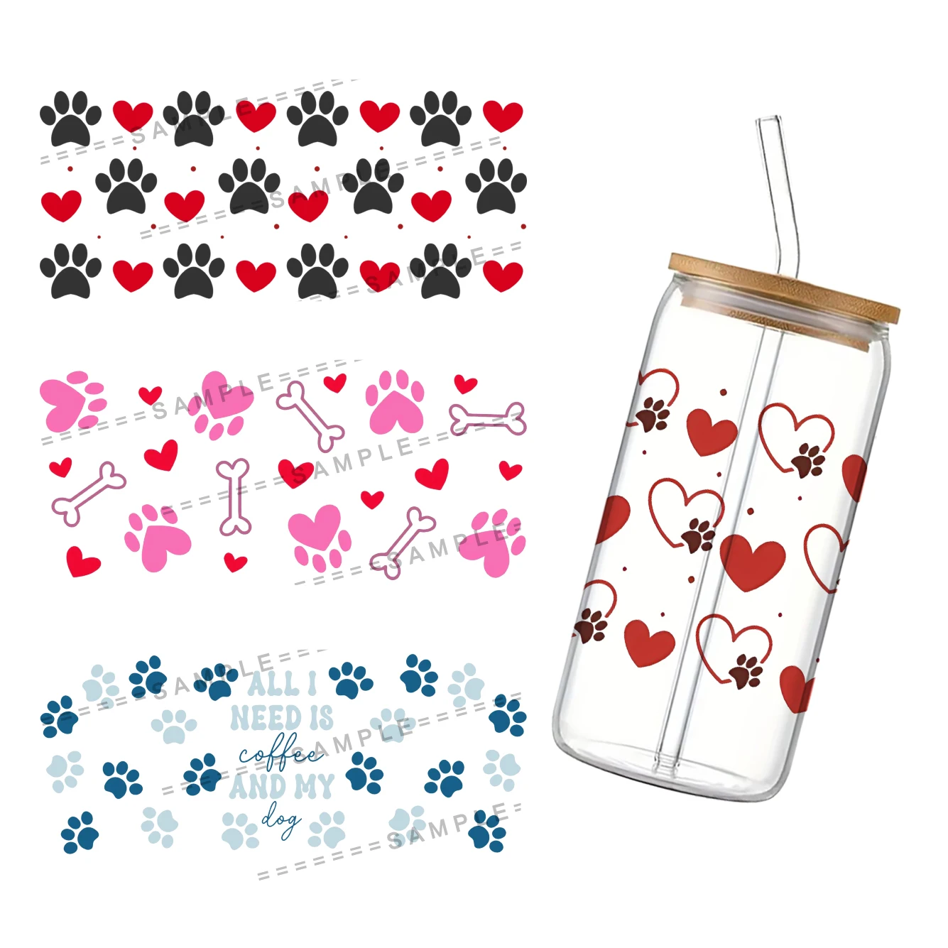 Cats Dogs Pattern UV DTF Cup Wrap for 16Oz Libbey Pets Series Glass Can DIY Transfer Sticker