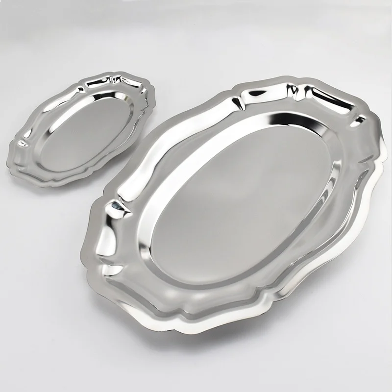 304 stainless steel light luxury solid pattern retro high-end party banquet fruit snack oval afternoon tea cake plate