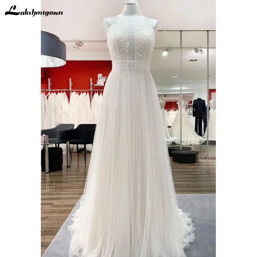 

Robe De Mariee Lakshmigown Modest Wedding Dress A-line Halter Backless Bridal Gown With Tulle Lace Floor-length Vestido Novia