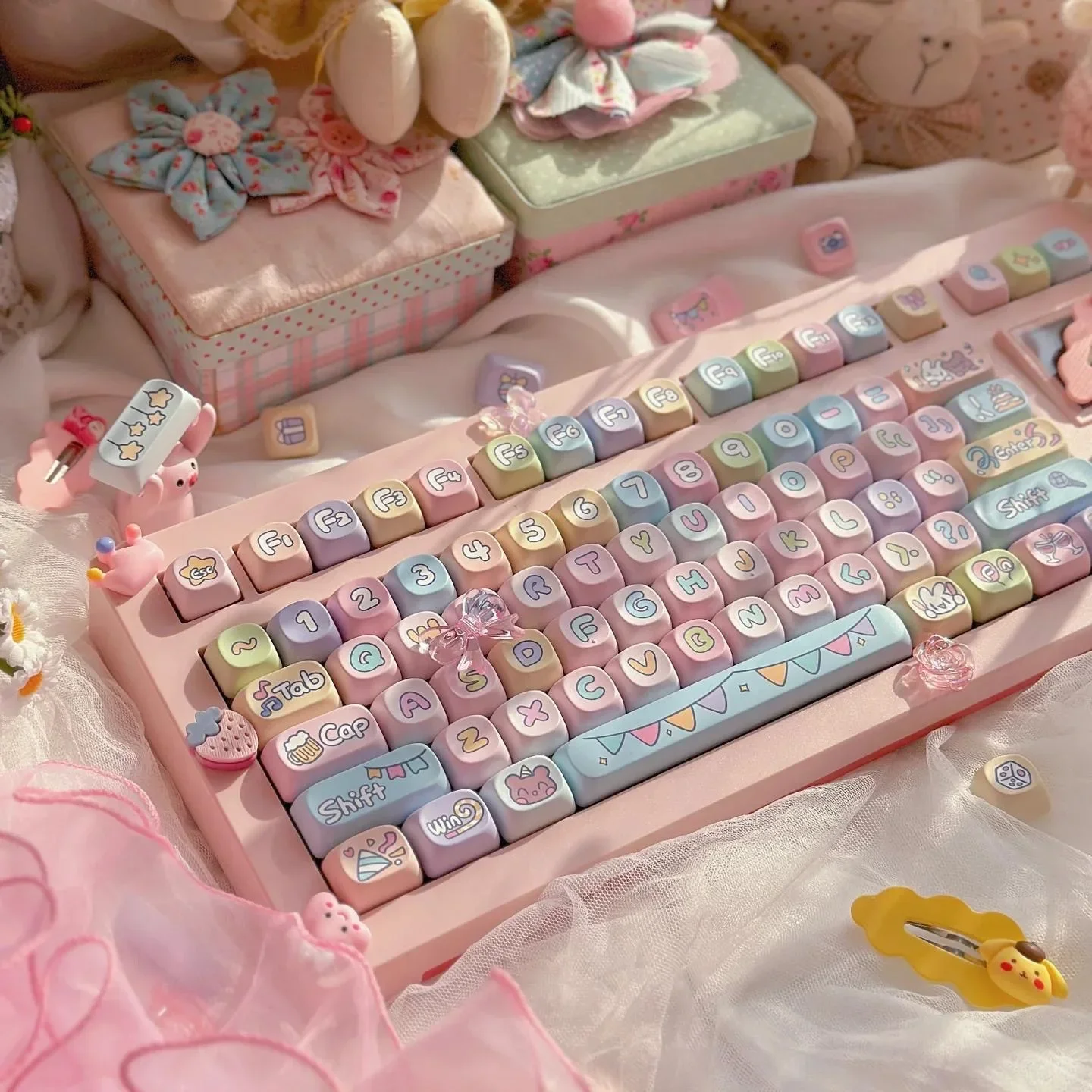 Imagem -01 - Keycap Roa Colorido do Tema do Partido Keycaps Bonitos do Pbt 123 Chaves Sublimação da Tintura Teclado Mecânico Presente