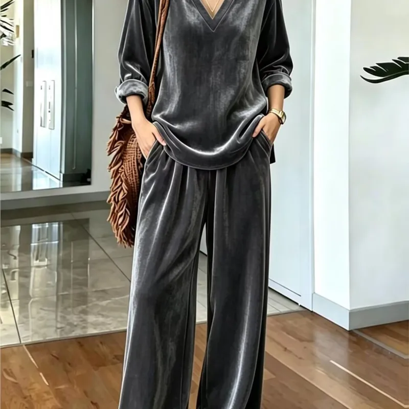 Neues Gold-Samt-Set mit V-Ausschnitt und Langen Ärmeln, 2-teilig, Damen Lose Weite Hose, Modische Elegante Büro-Hosenanzug für Frauen