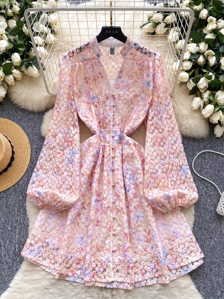 

Exquisite Floral Embroidery Short Dresses Women's Elegant Lantern Sleeve Single-Breasted Summer A-Line Mini Dress Female 2025