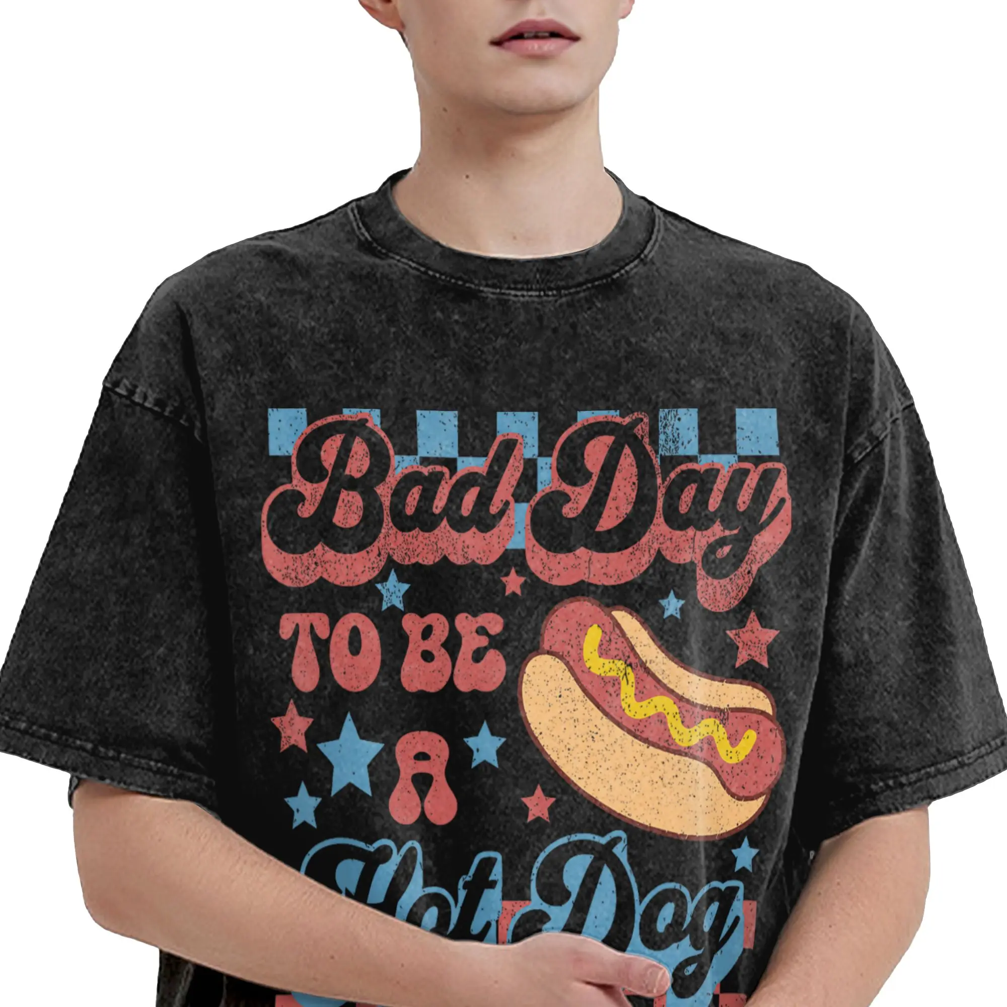 Bad Day to Be A Hot Dog Funny BBQ Grilling Merch Washed T Shirt for Men Women Streetwear Hip Hop T-Shirt Summer Tee Shirt Cotton